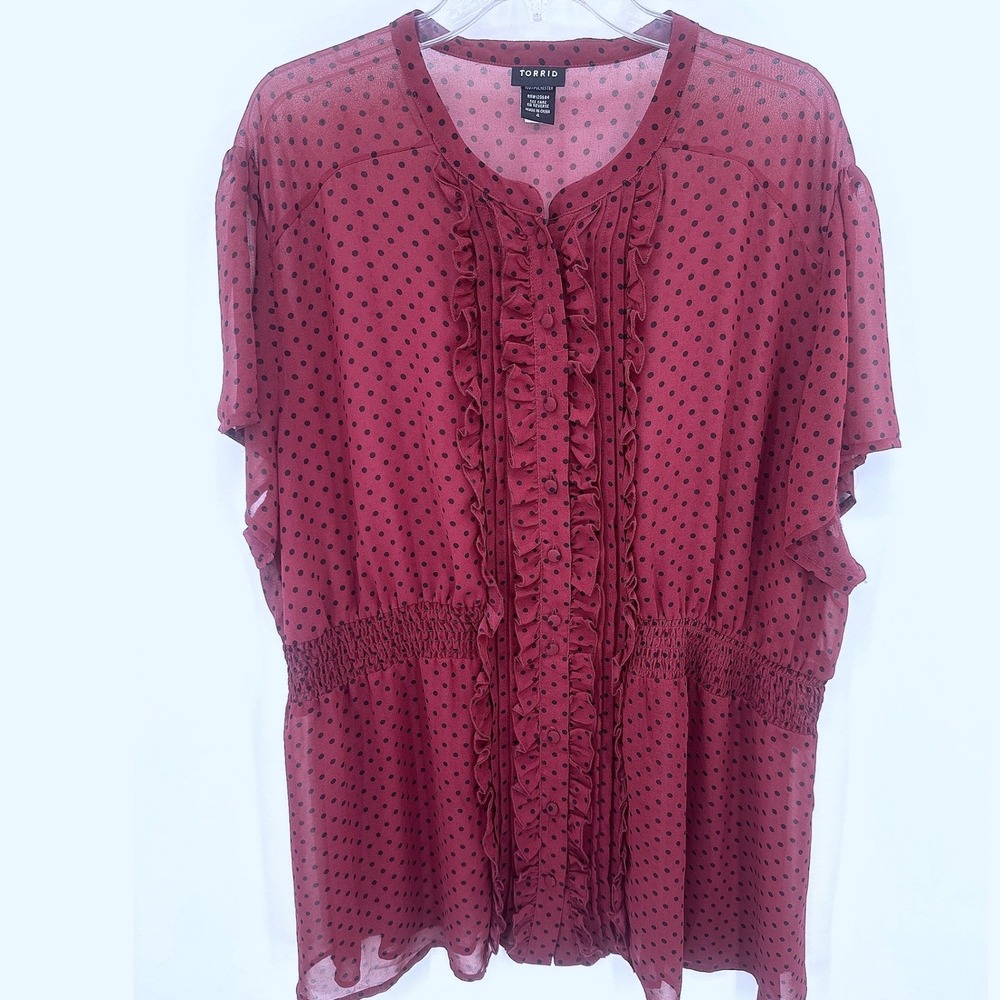 Torrid Womens Blouse 4 Burgundy Polka Dot Ruffle Smocked Waist Chiffon Top - Picture 2 of 7